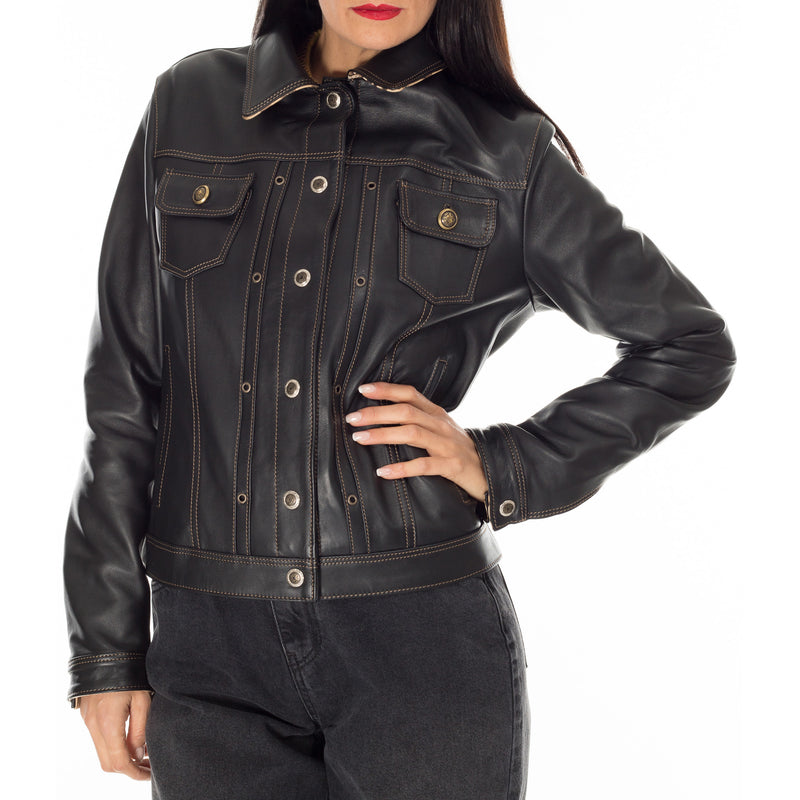Italian handmade Women genuine black leather jeans style jacket