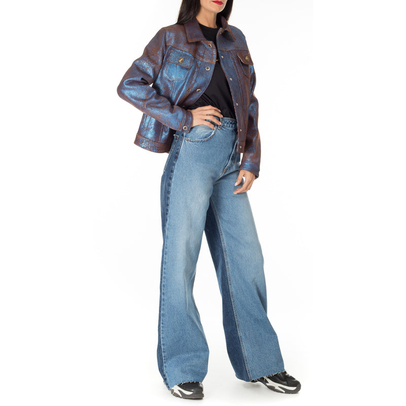 Italian handmade Women genuine metallic blue vintage look leather jeans style jacket