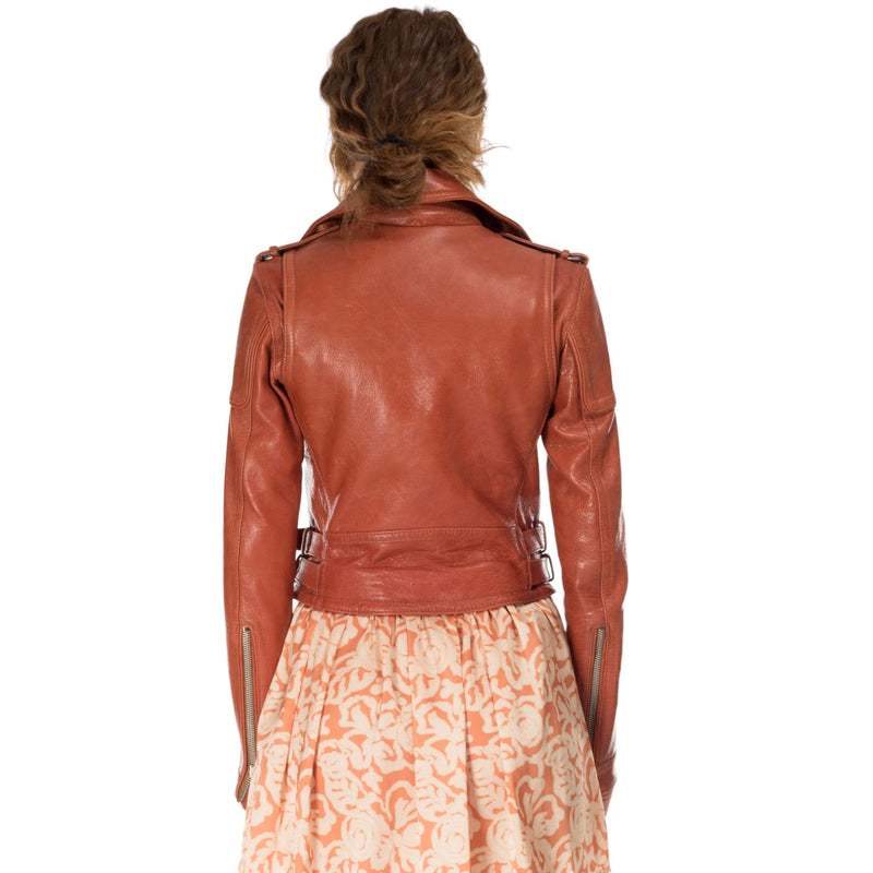 Italian handmade Women genuine lamb leather biker jacket slim fit Veg Tan Cognac