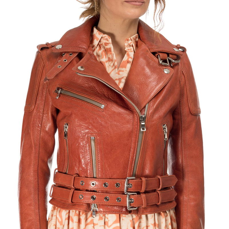 Italian handmade Women genuine lamb leather biker jacket slim fit Veg Tan Cognac