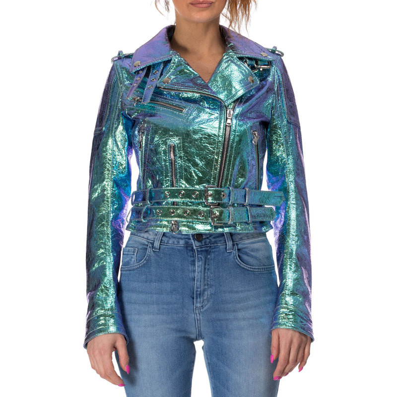 Italian handmade Women genuine lamb leather biker jacket slim fit Metallic Crackle Holographic Green