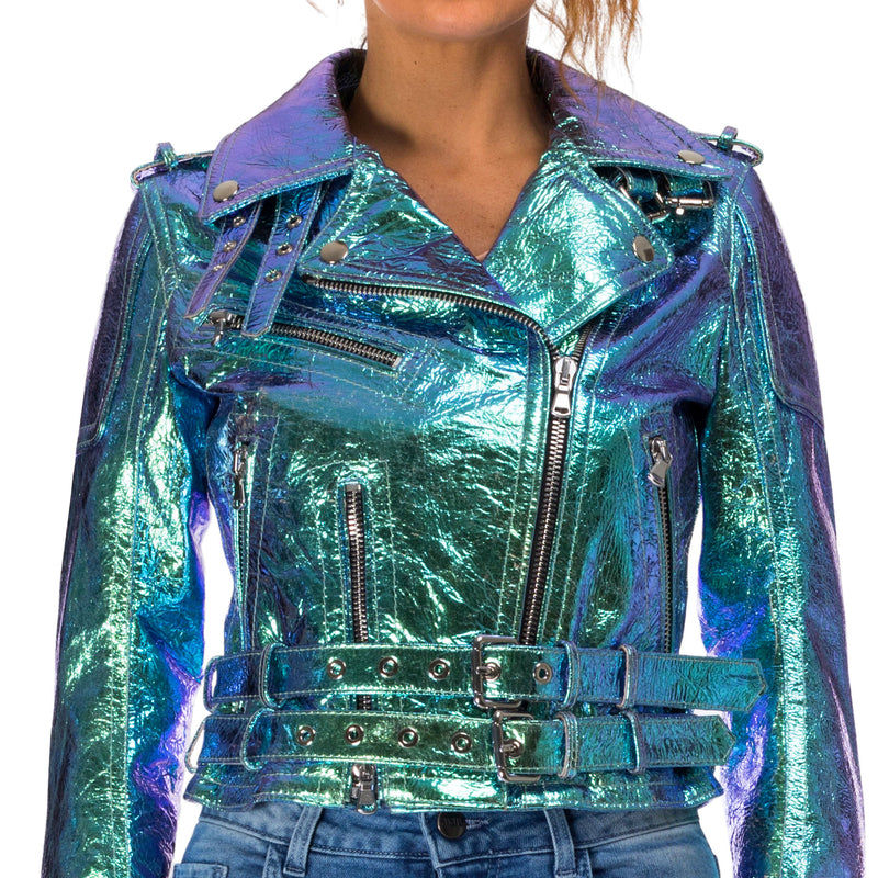 Italian handmade Women genuine lamb leather biker jacket slim fit Metallic Crackle Holographic Green