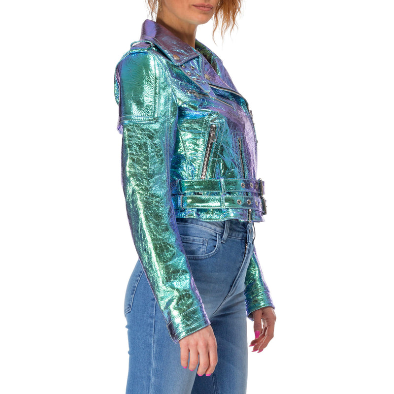 Italian handmade Women genuine lamb leather biker jacket slim fit Metallic Crackle Holographic Green