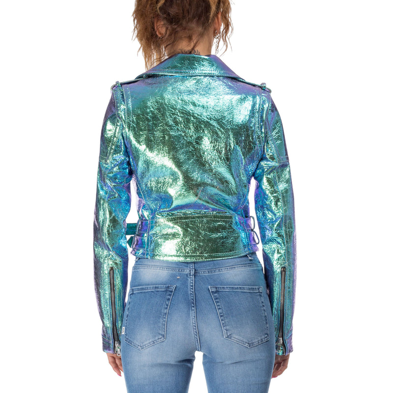 Italian handmade Women genuine lamb leather biker jacket slim fit Metallic Crackle Holographic Green