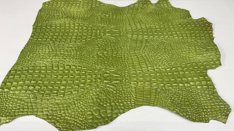 LIME GREEN ALLIGATOR CROCODILE embossed on Lambskin leather skins 0.5mm to 1.2 mm