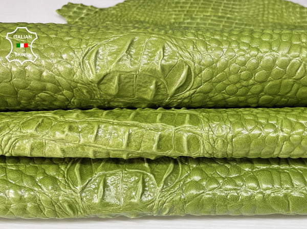 LIME GREEN ALLIGATOR CROCODILE embossed on Lambskin leather skins 0.5mm to 1.2 mm