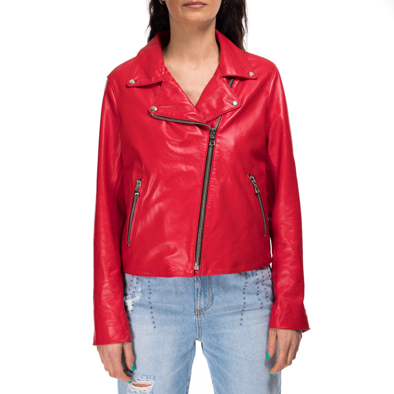 Italian handmade Women genuine lambskin leather biker jacket slim fit red