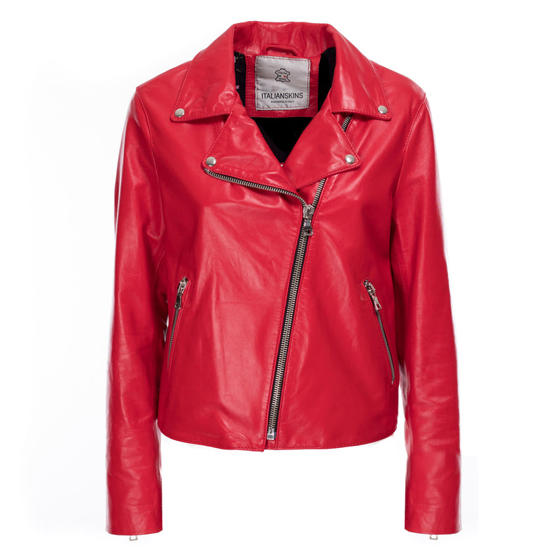 Italian handmade Women genuine lambskin leather biker jacket slim fit red