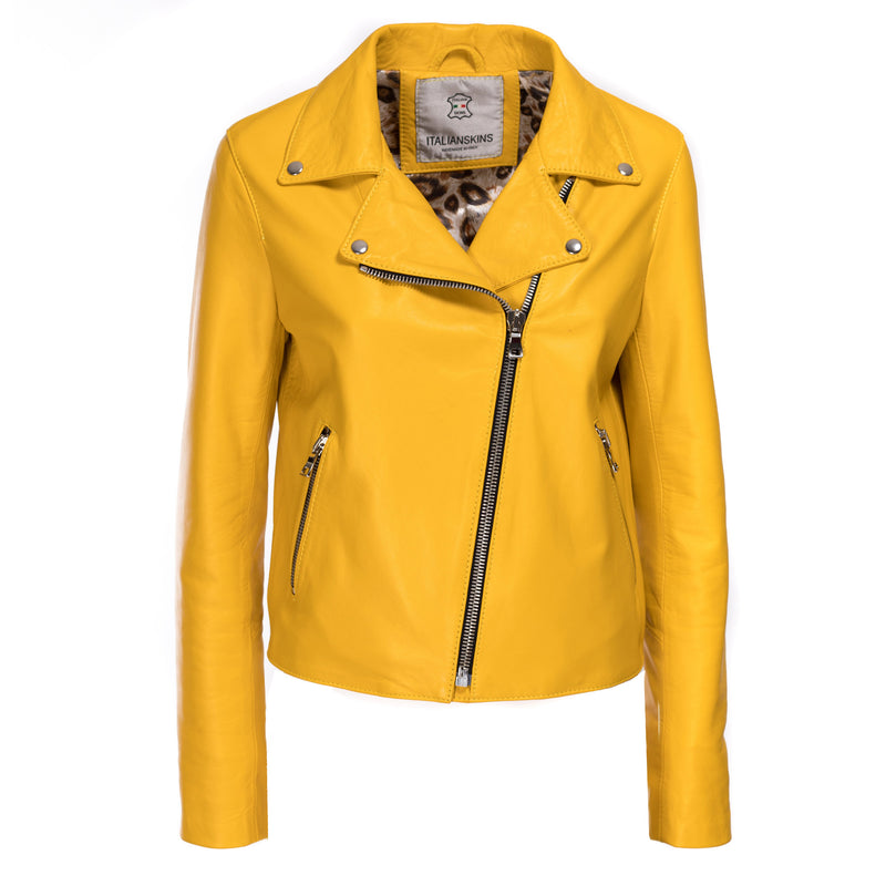 Italian handmade Women genuine lambskin leather biker jacket slim fit yellow