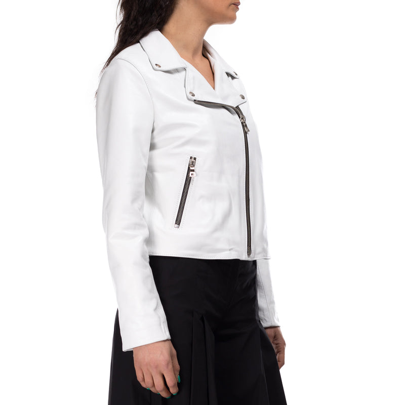 Italian handmade Women genuine lambskin leather biker jacket slim fit white
