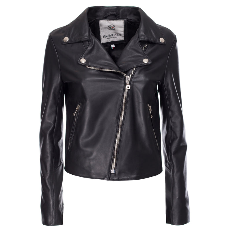 Italian handmade Women genuine lambskin leather biker jacket slim fit black