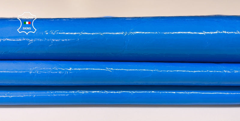 ELECTRIC BLUE patent crinkled shiny Italian genuine Lambskin Lamb Sheep leather skins hides 0.5mm to 1.2mm