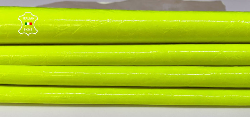 NEON YELLOW FLUORESCENT patent crinkled shiny Italian genuine Lambskin Lamb Sheep leather skins hides 0.5mm to 1.2mm