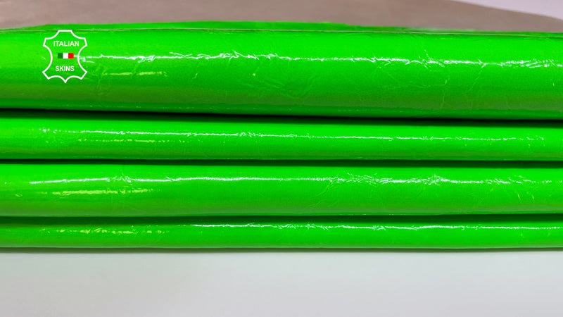 NEON APPLE GREEN fluorescent patent crinkled shiny Italian genuine Lambskin Lamb Sheep leather skins hides 0.5mm to 1.2mm