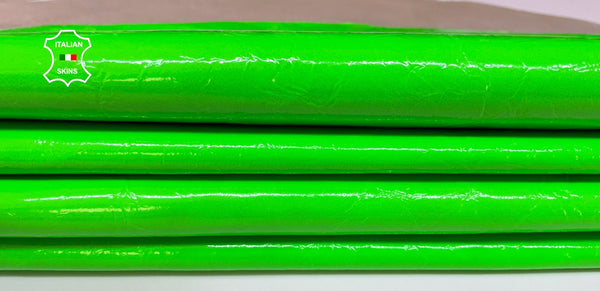 NEON APPLE GREEN fluorescent patent crinkled shiny Italian genuine Lambskin Lamb Sheep leather skins hides 0.5mm to 1.2mm
