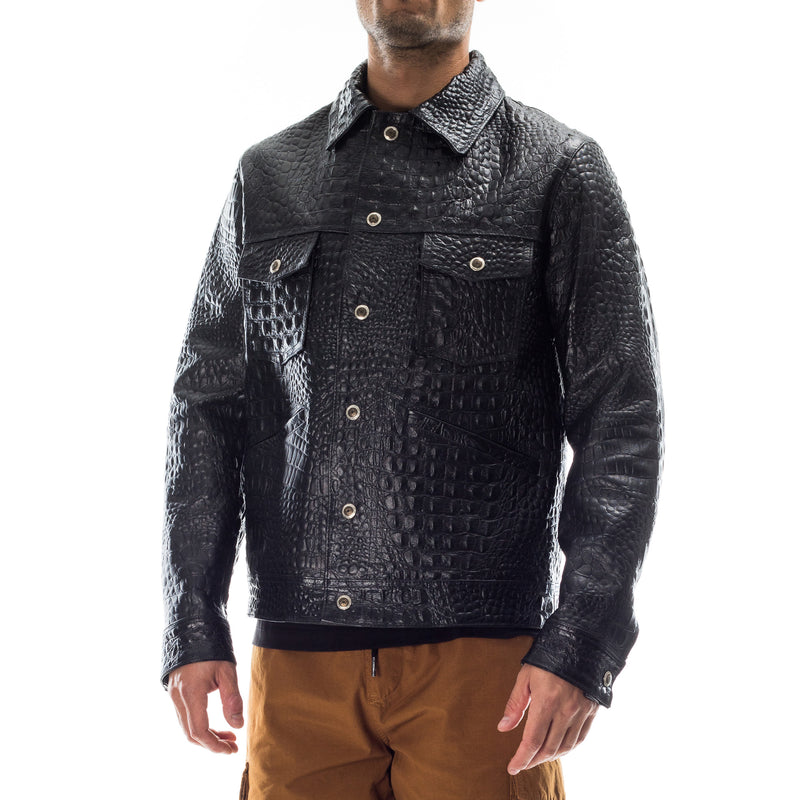 Italian handmade Men lambskin genuine leather jacket Black Crocodile S to 2XL