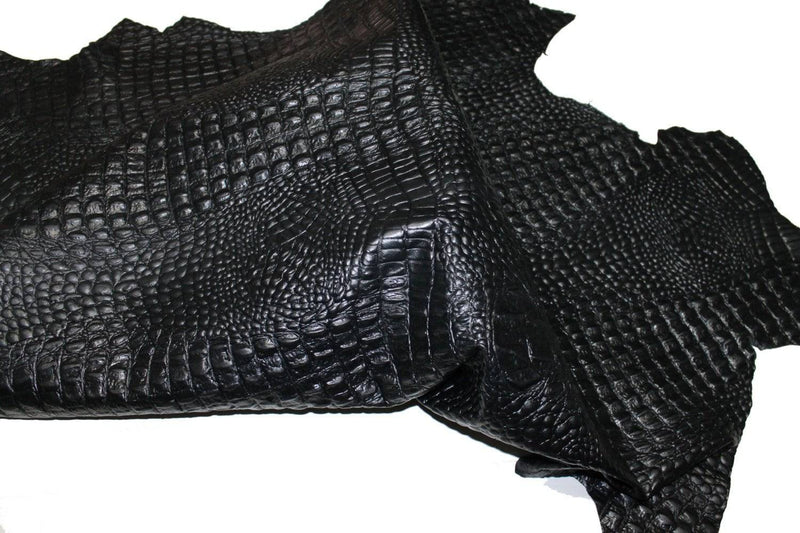 Italian textured lambskin Lamb Sheep leather 12 skins hides CROCODILE ALLIGATOR texture embossed on BLACK 80-90sqf