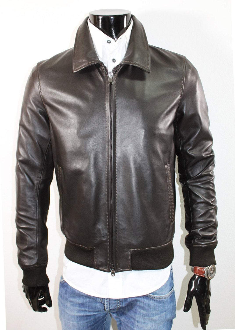 Italian handmade Men soft genuine lambskin Bomber leather jacket color Dark Brown