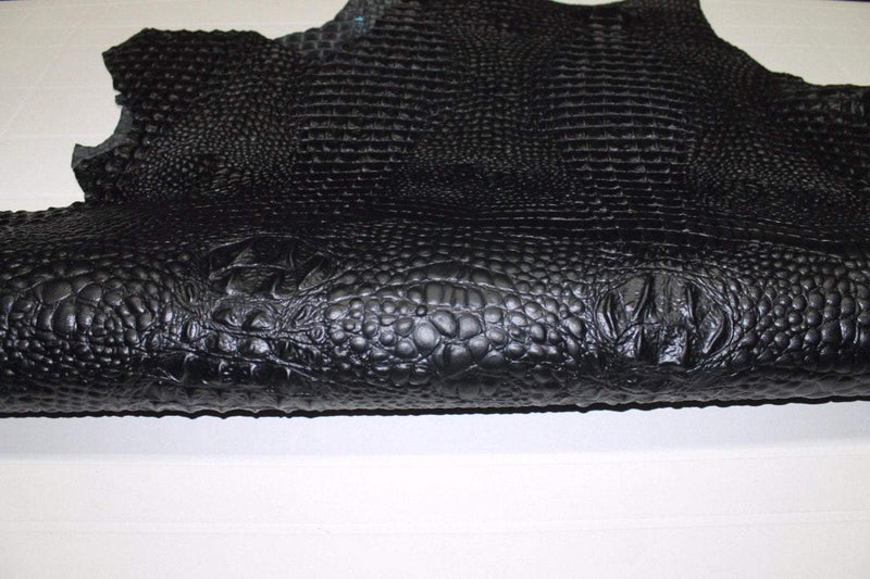 Italian Thick Goatskin leather 12 skins hides CROCODILE ALLIGATOR embossed on BLACK 80-90sqf