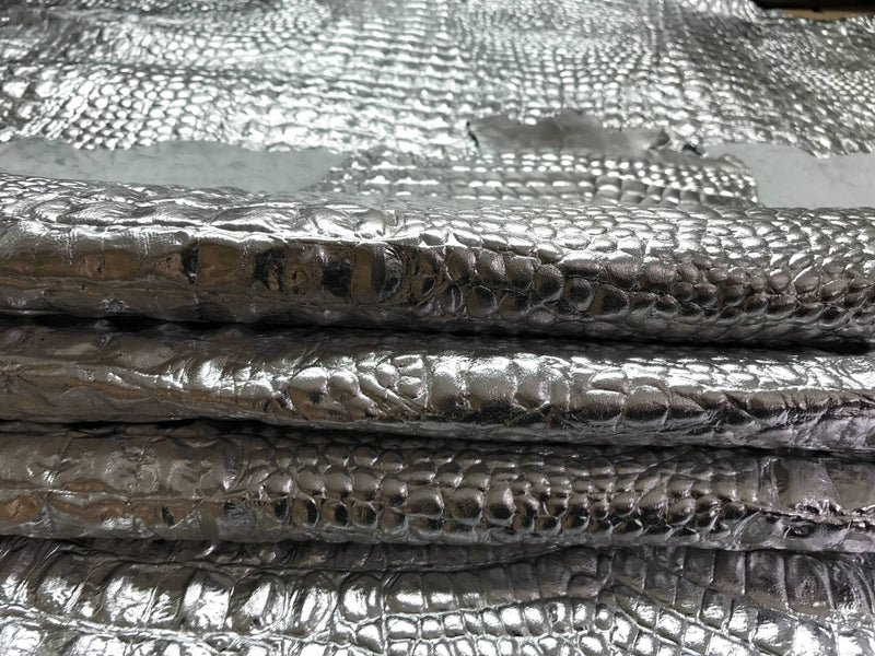 Italian Goatskin leather 12 skins hides METALLIC SILVER CROCODILE Alligator embossed textured  80sqf