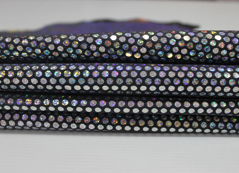 Italian lambskin leather 12 skins hides HOLOGRAPHIC SILVER POLKA Dots on black 80-90sqf