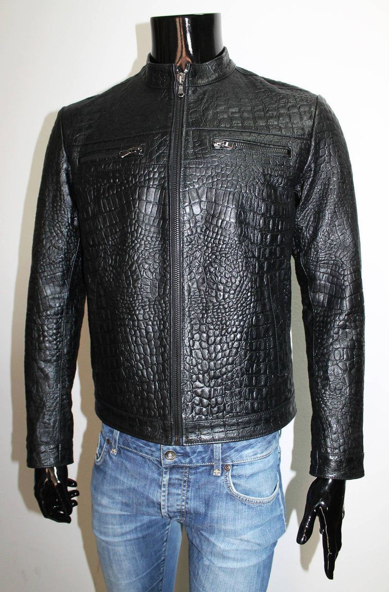Italian handmade Men genuine lambskin leather jacket color Black Crocodile