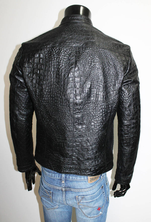 Italian handmade Men genuine lambskin leather jacket color Black Crocodile