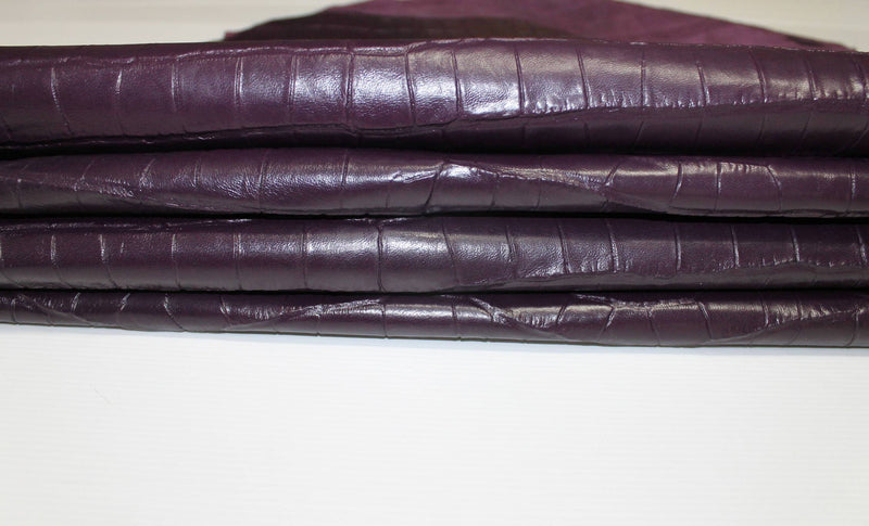 Italian lambskin Lamb Sheep leather 12 skins hides PLUM CROCODILE EMBOSSED 80-90sqf