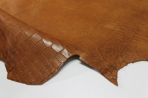 Italian lambskin Lamb Sheep leather 12 skins hides WASHED BROWN CROCODILE pattern embossed vegetale tan 100sqf