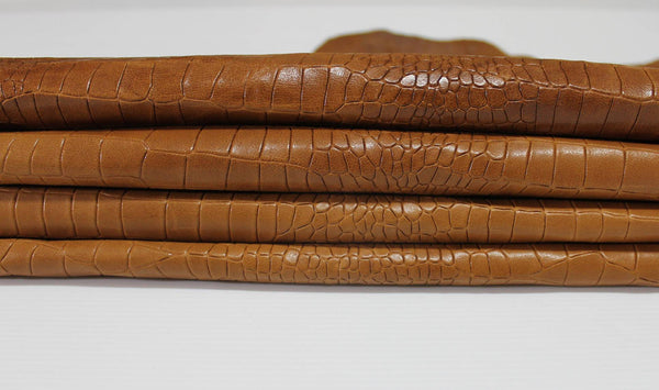 Italian lambskin Lamb Sheep leather 12 skins hides WASHED BROWN CROCODILE pattern embossed vegetale tan 100sqf