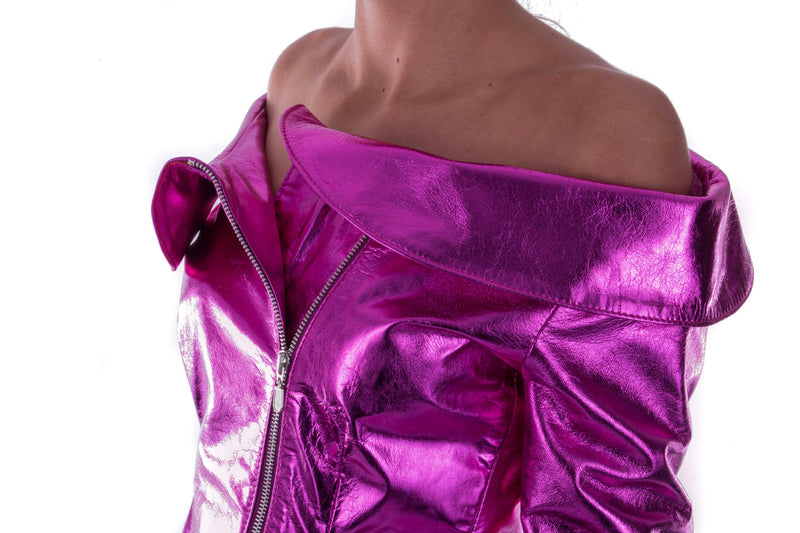 Italian handmade Women genuine leather sexy decoltè jacket color metallic hot pink fuchsia size S