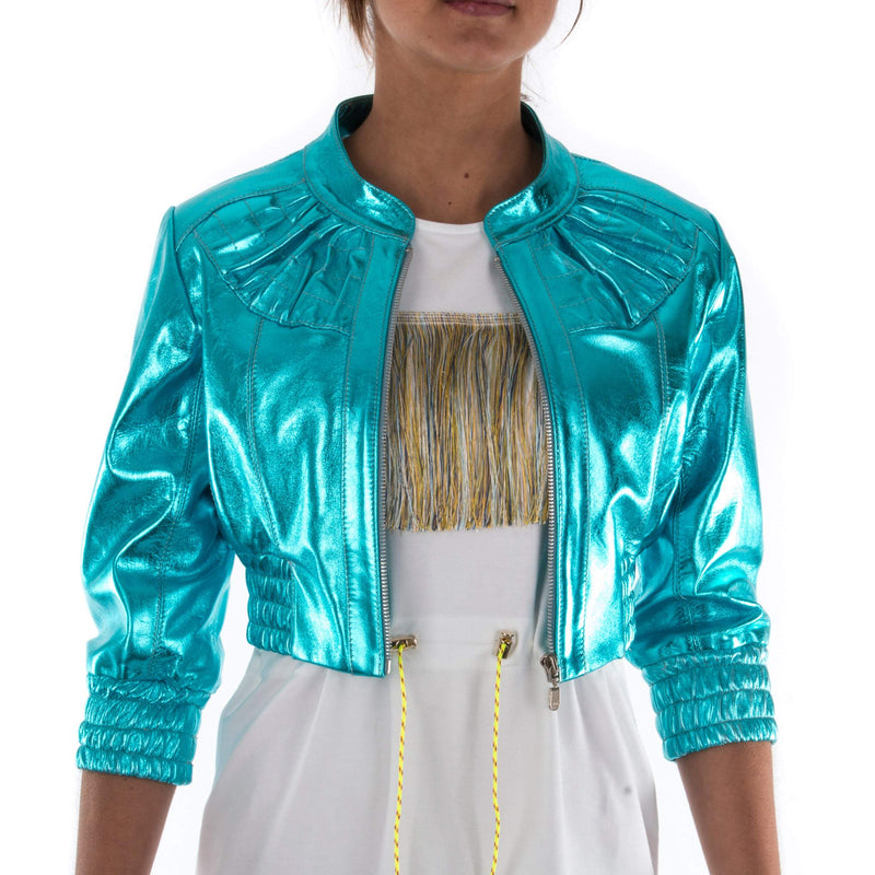 Italian handmade Women genuine leather cropped bomber jacket metallic turquoise blue
