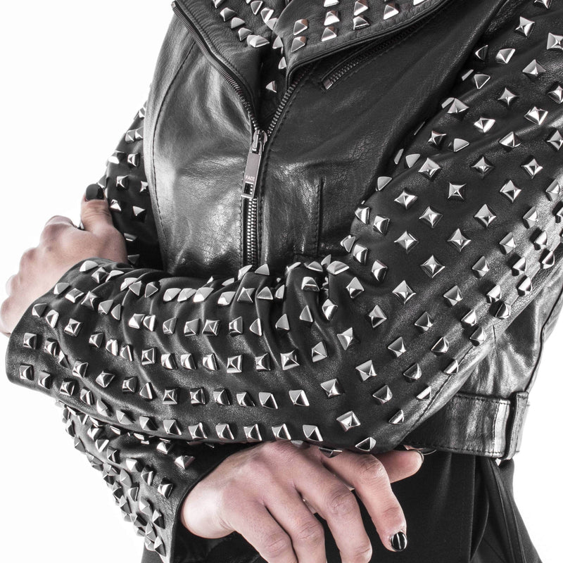 Italian handmade Women genuine leather ROCK STUDDED cropped biker jacket slim fit washed black