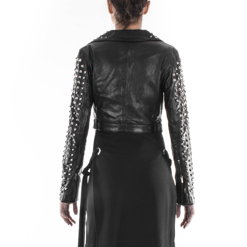 Italian handmade Women genuine leather ROCK STUDDED cropped biker jacket slim fit washed black