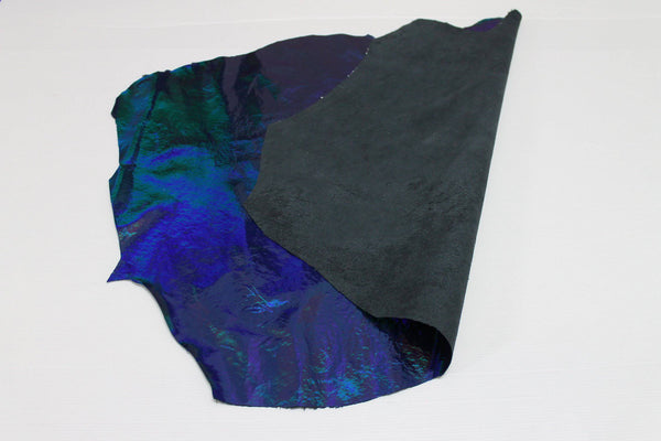 IRIDESCENT HOLOGRAPHIC BLUE Metallic Crinkled Patent Italian genuine Lambskin Lamb Sheep leather skins hides