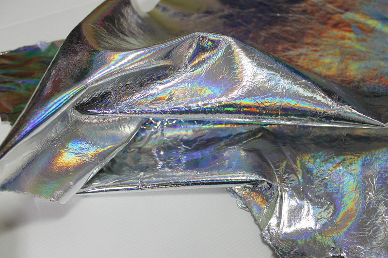 IRIDESCENT HOLOGRAPHIC SILVER Metallic Crinkled Patent Italian genuine Lambskin Lamb Sheep leather skins hides