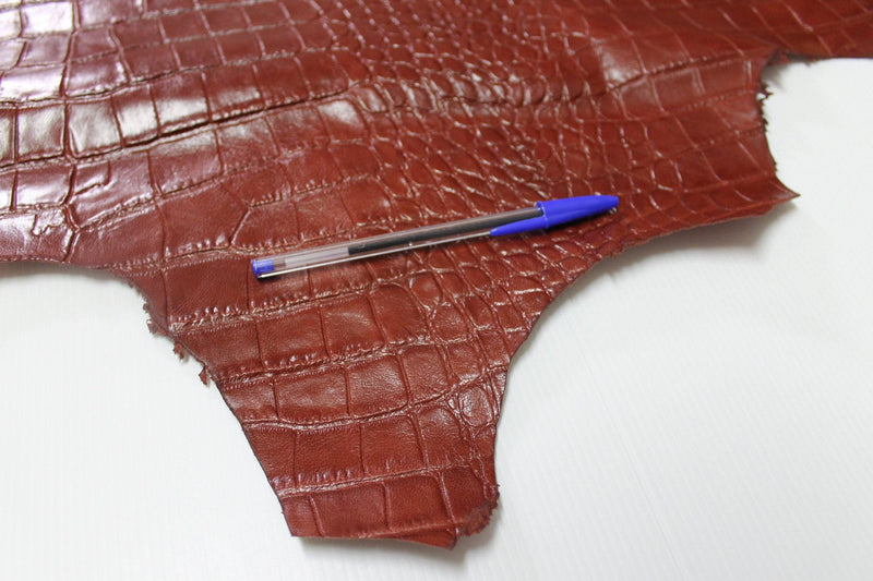 COGNAC REDDISH BROWN Crocodile Embossed Italian genuine Goatskin Goat leather skins hides 0.5mm to 1.2mm