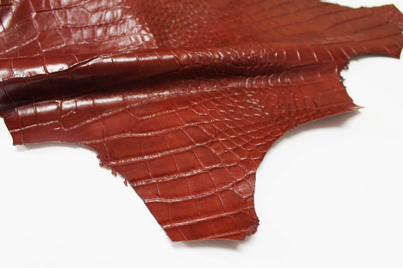 COGNAC REDDISH BROWN Crocodile Embossed Italian genuine Goatskin Goat leather skins hides 0.5mm to 1.2mm