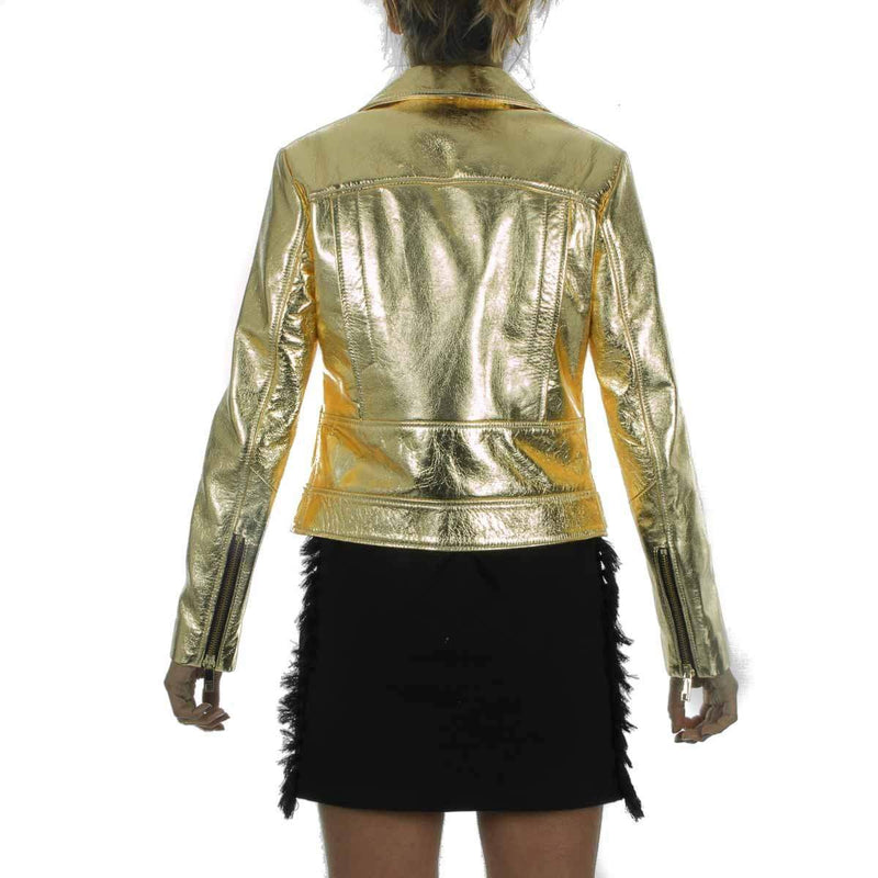 Italian handmade Women genuine lamb leather biker jacket slim fit metallic gold
