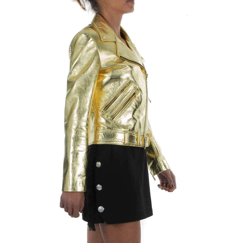 Italian handmade Women genuine lamb leather biker jacket slim fit metallic gold