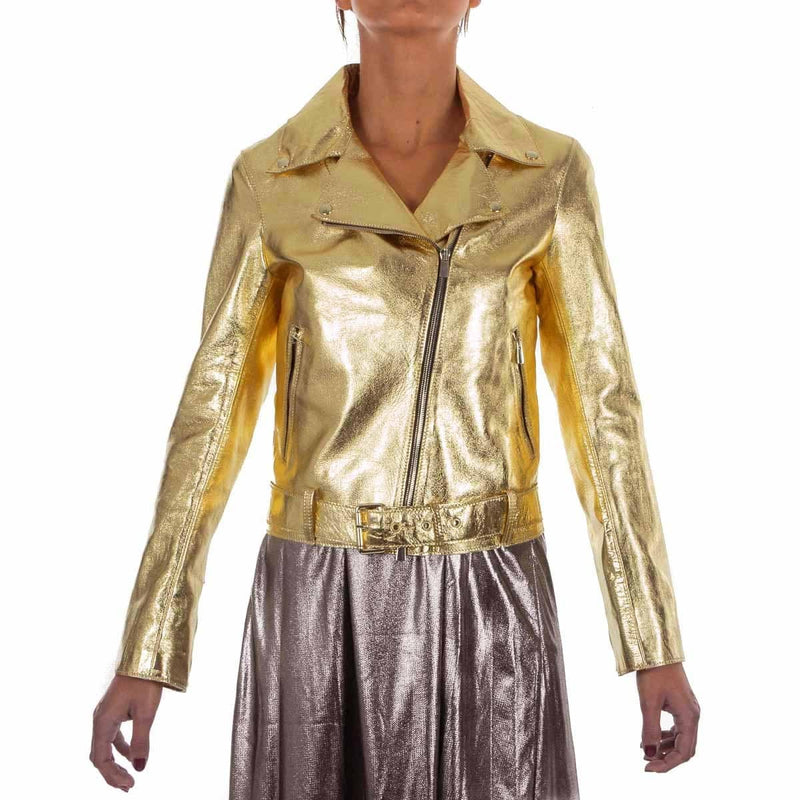 Italian handmade Women soft genuine lambskin lamb leather biker jacket slim fit color Metallic Gold