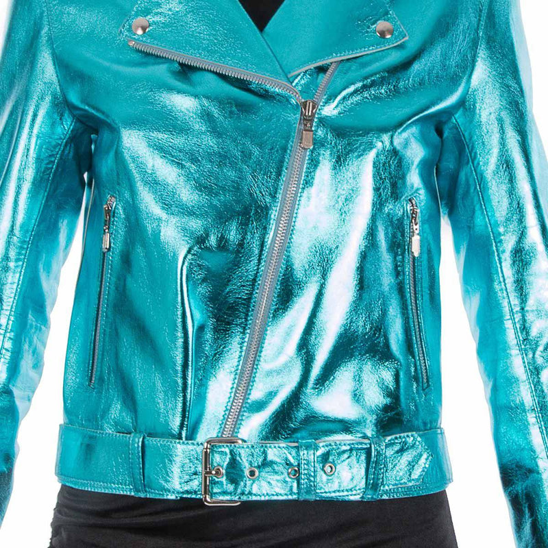 Italian handmade Women soft genuine lambskin lamb leather biker jacket slim fit color Metallic Turquoise Blue