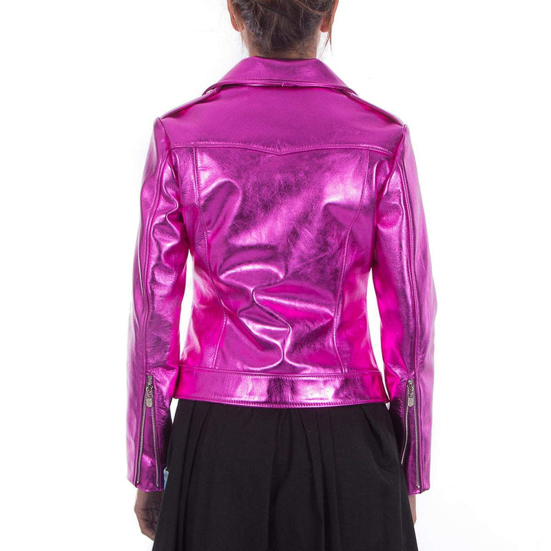 Italian handmade Women genuine leather biker jacket slim fit metallic Hot Pink Fuchsia