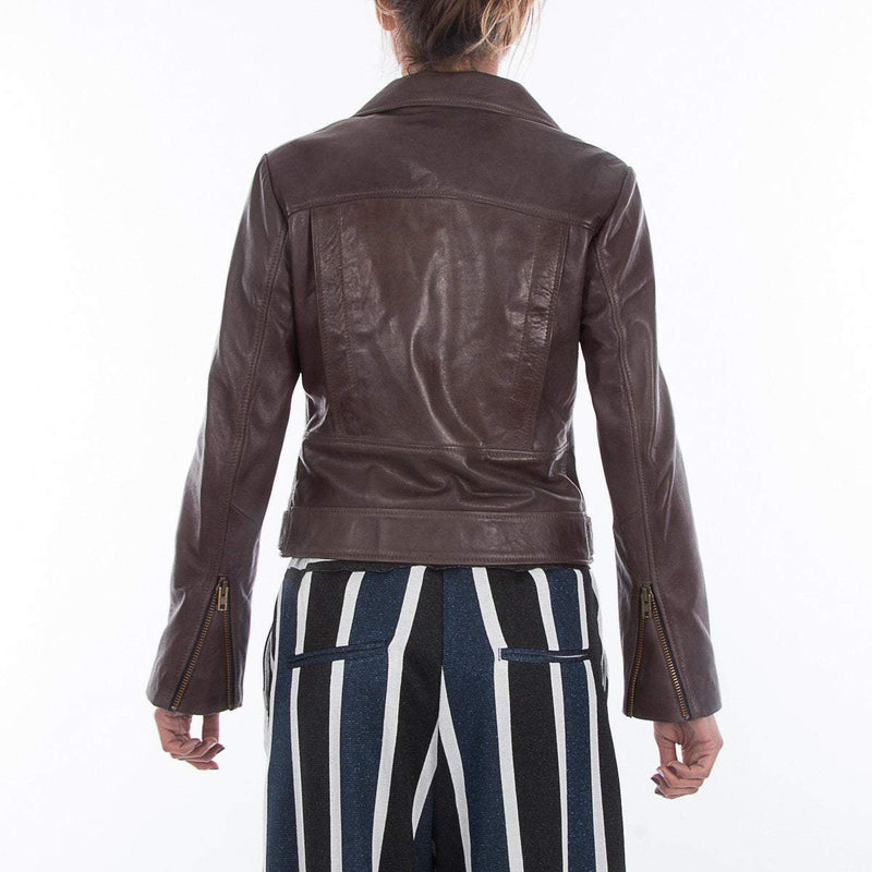 Italian handmade Women genuine soft leather biker jacket slim fit color Natural Dark Brown veg tanned