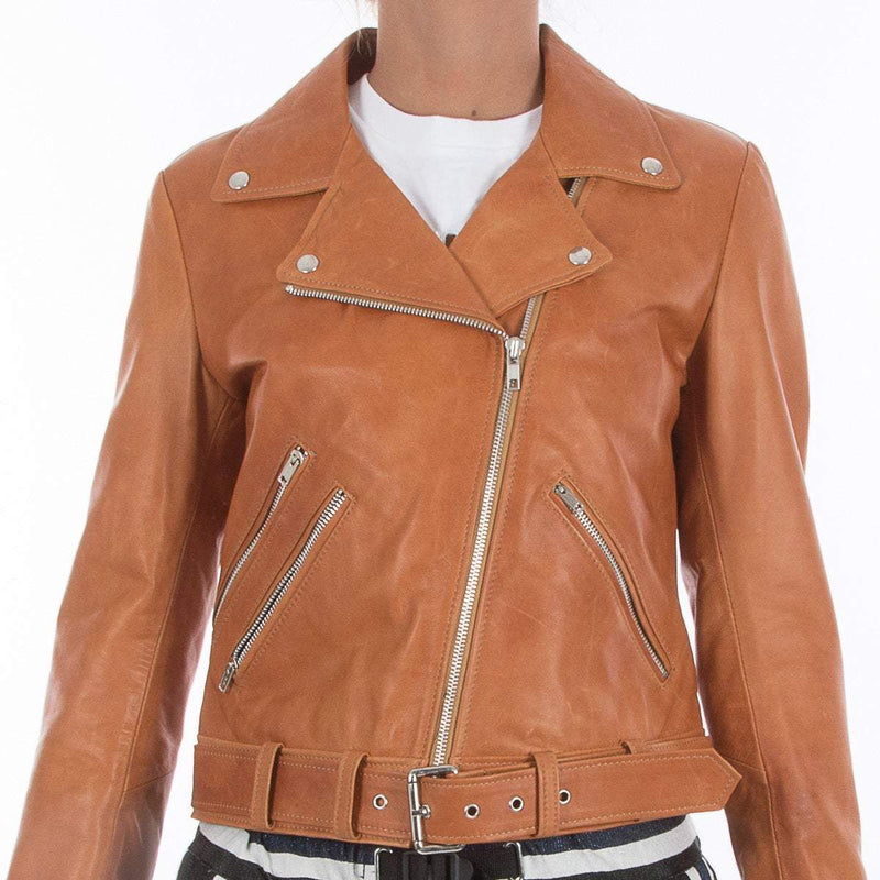 Italian handmade Women genuine leather biker jacket slim fit color Vintage Tan