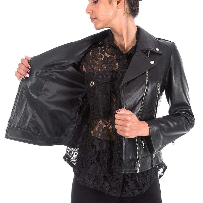 Italian handmade Women genuine leather biker jacket slim fit black