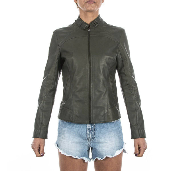 Italian handmade Women genuine lambskin leather jacket slim fit olive green