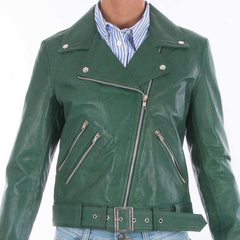 Italian handmade Women genuine leather biker jacket slim fit Natural Green