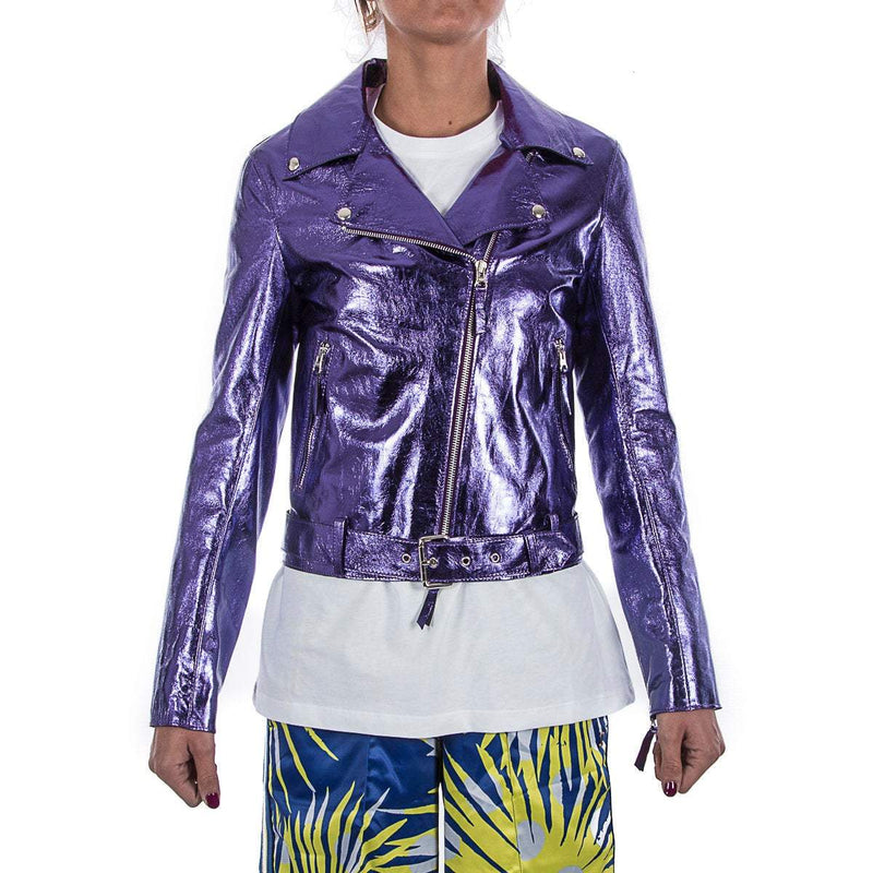 Italian handmade Women soft genuine lambskin lamb leather biker jacket slim fit color Metallic Purple