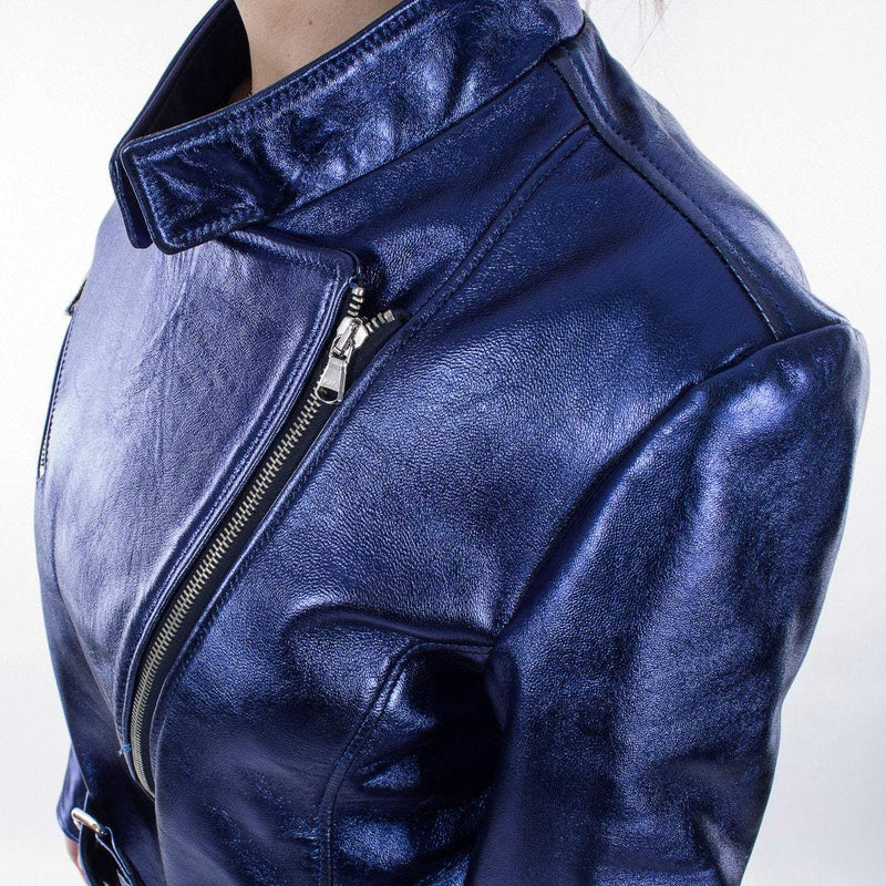 Italian handmade Women genuine lambskin leather biker jacket slim fit Metallic Blue